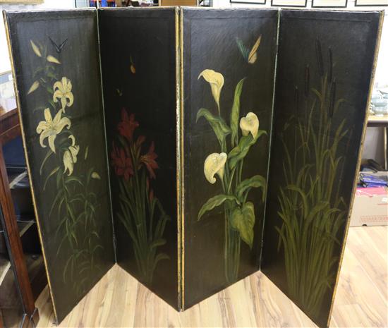 A four fold screen painted with lilies Each panel W.54cm